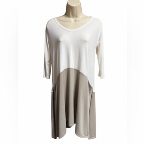 Sun Kim White Tan Color Block Lagenlook 3/4 Sleeve Tunic Dress Size XS NWT
